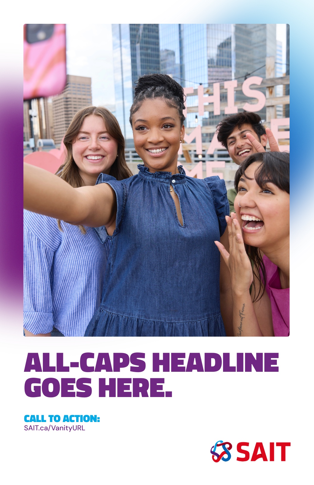 Promotional poster template for SAIT featuring a bold headline area and space for additional text, contact information, and a QR code.