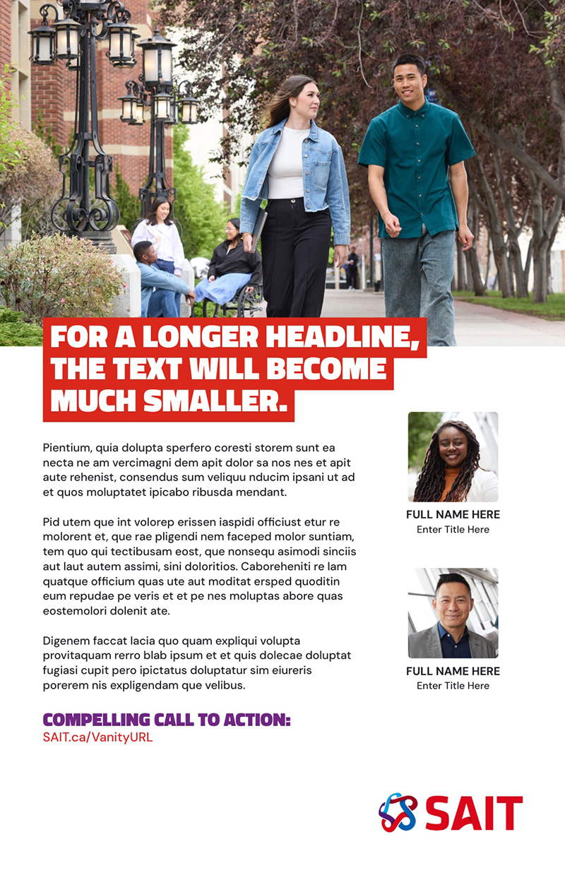 SAIT logo alongside promotional text emphasizing the adjustment of font sizes for longer headlines, with a call-to-action to fill in personal information.