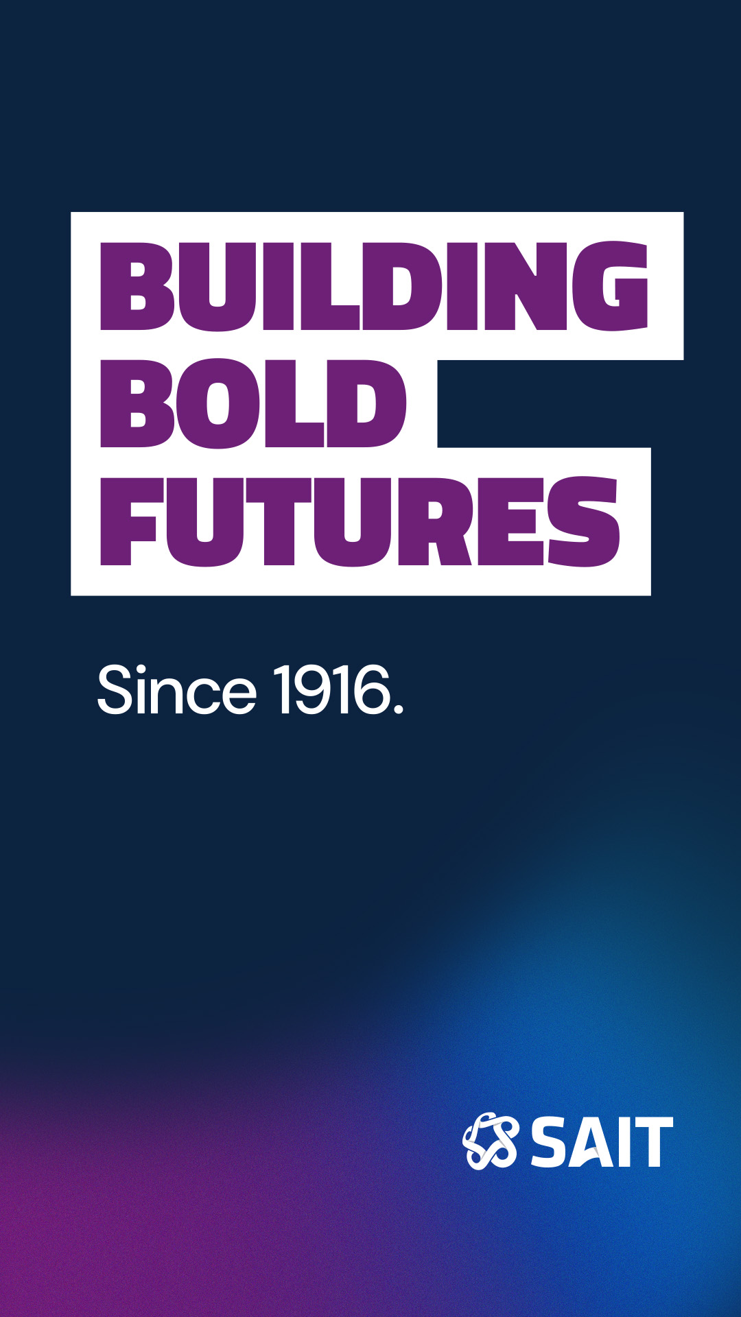 Purple tile with text "Building bold futures since 1916"