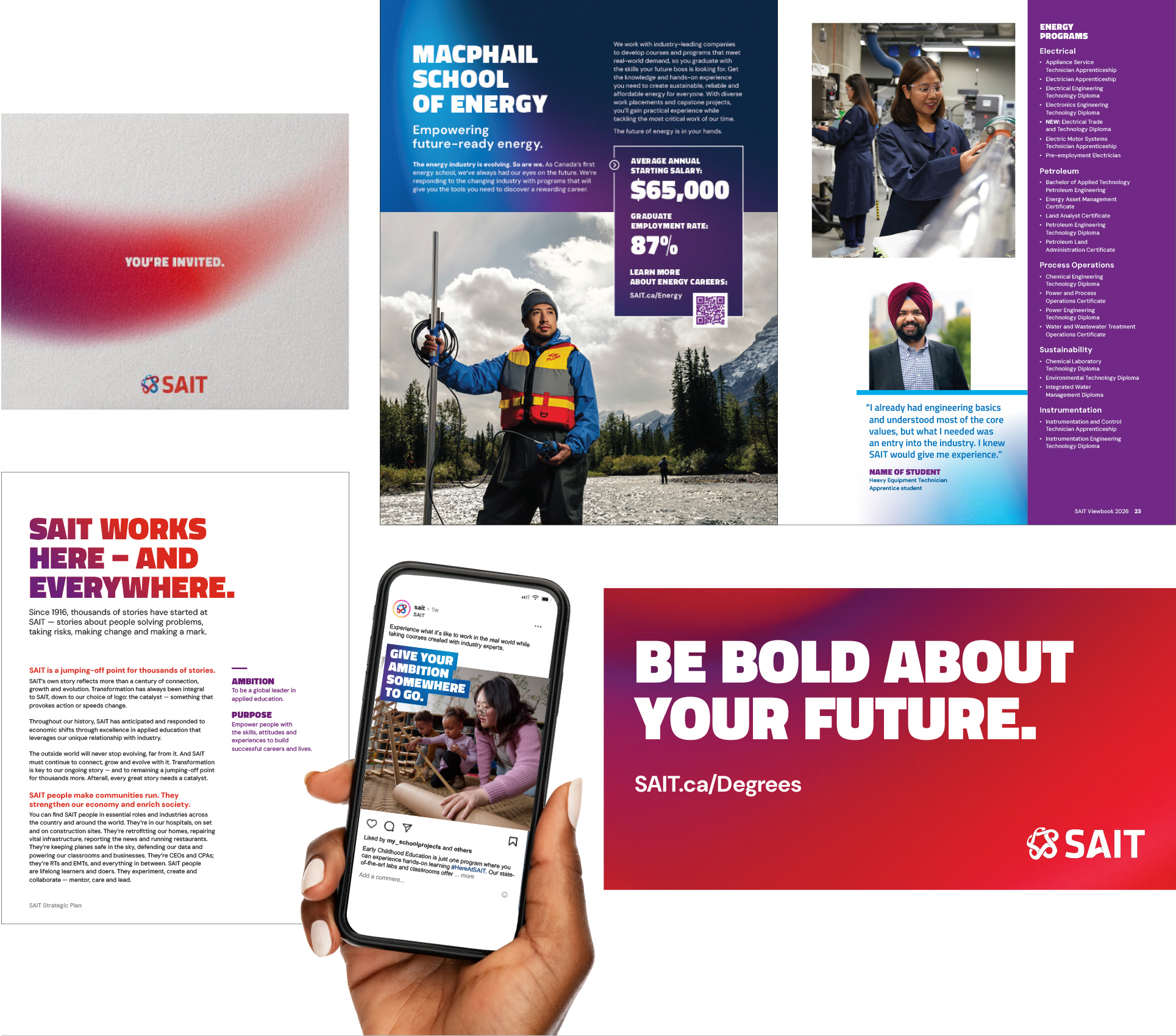A collage featuring various promotional materials from SAIT, including an invitation, report, viewbook, and social media content, showcasing educational opportunities and future career prospects.