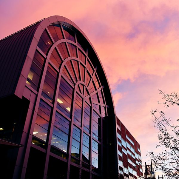 Glass building with an arched facade reflecting a vibrant pink and purple sunset sky.