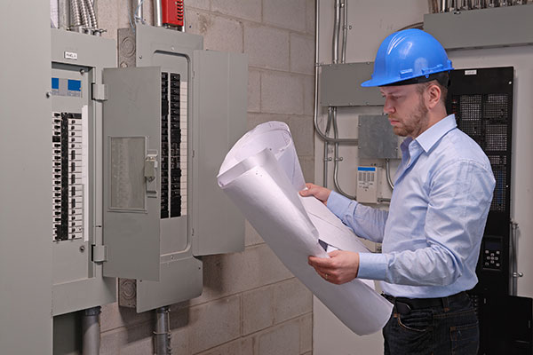 Man looking at a blue print while standing