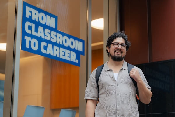 Student standing outside the testing centre