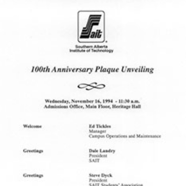 A press release from 1994 for SAIT's 100th anniversary plaque unveiling.