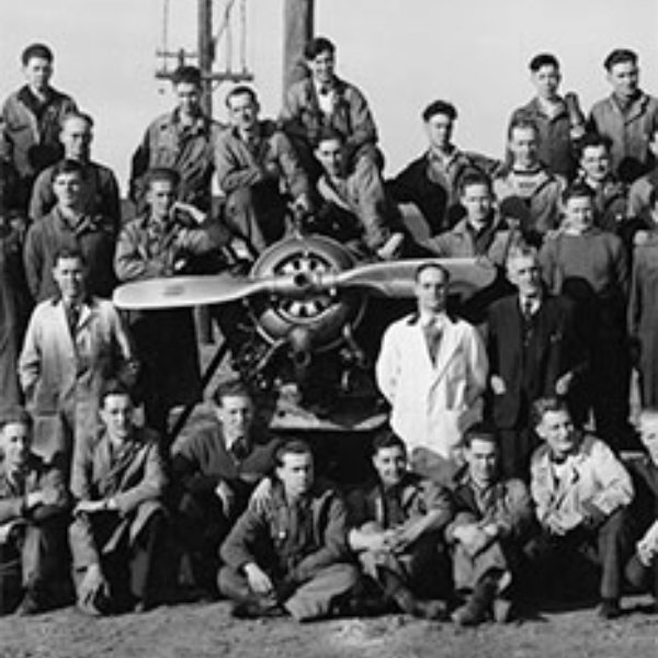 A group portrait taken during the 1940-1941 school year of students and instructors of the Aeronautic Engine Mechanics program
