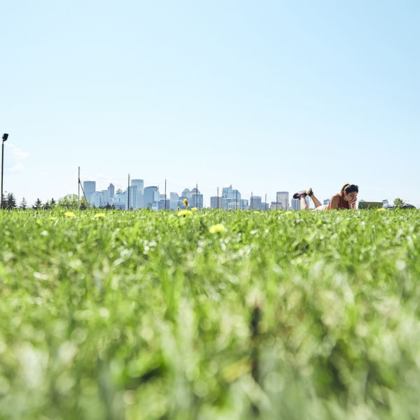 A person relaxes on a grassy field with a city skyline in the background.