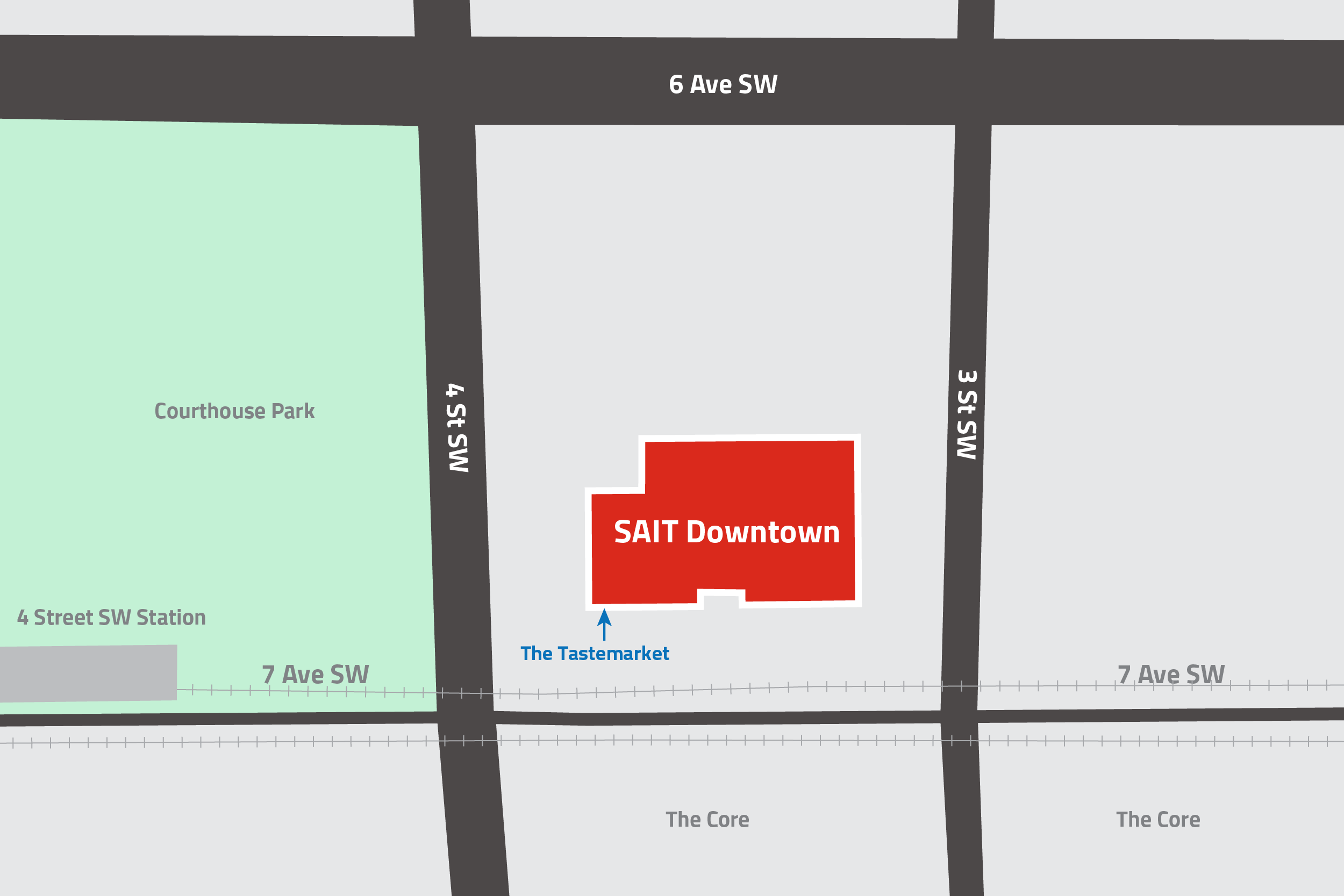A graphic map of the location of the SAIT Downtown campus and The Tastemarket