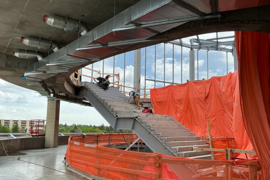 Taylor Family Campus Centre construction site on June 4, 2026, showing work on the large feature stairs.