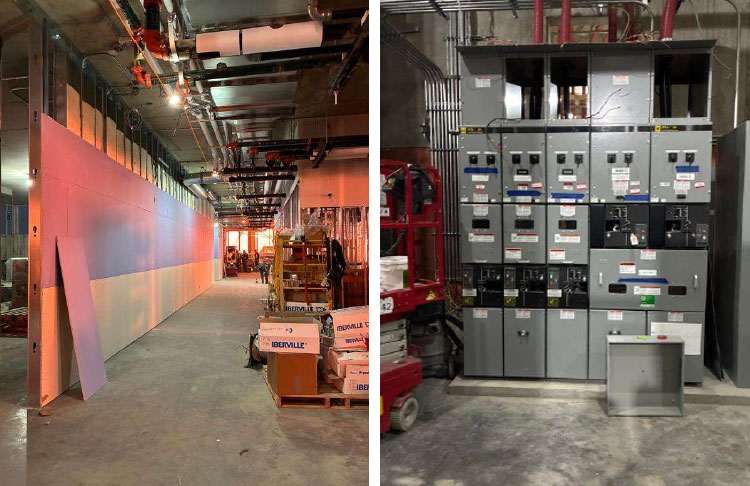 a wall being installed and a bank of electrical boxes inside the Taylor Family Campus Centre building
