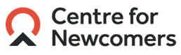Logo of the Centre for Newcomers featuring an abstract design with an orange semi-circle and a black triangle.