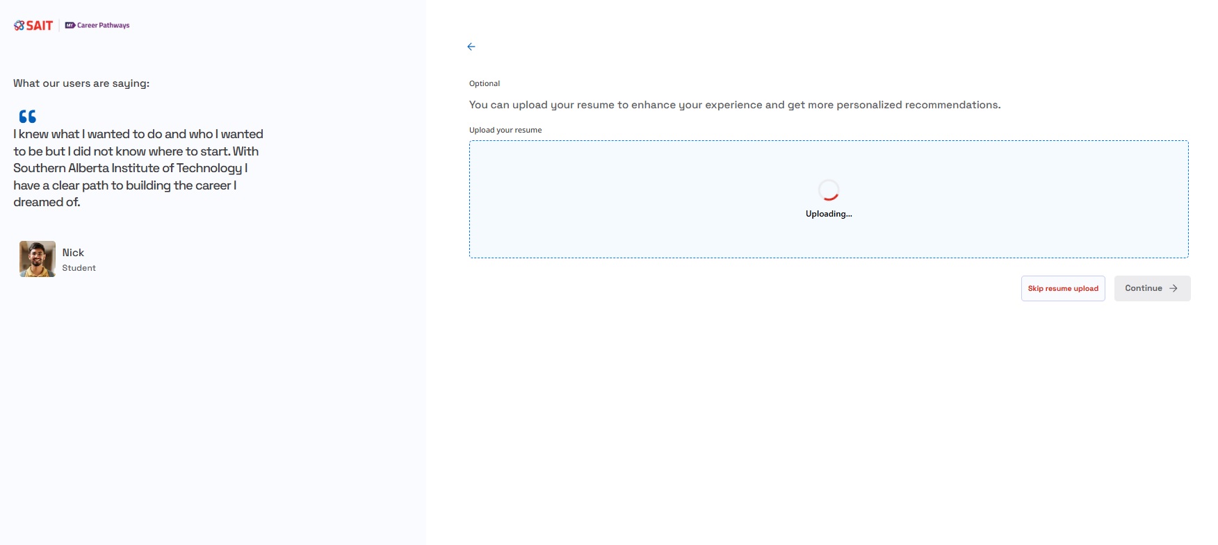Screenshot of a user interface for uploading a resume