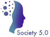 Logo for Society 5.0 featuring a human profile silhouette and abstract dot patterns.