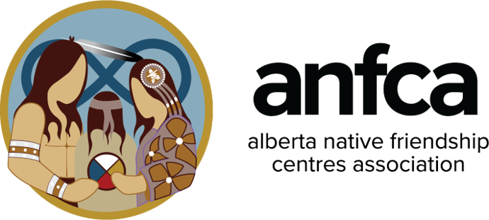 Logo of the Alberta Native Friendshi Centres Association featuring three Indigenous figures in traditional attire and cultural symbols.