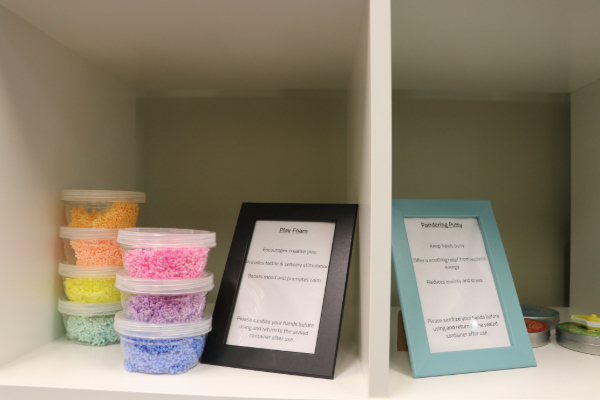 A shelf displaying play foam at the Student Zen Den.