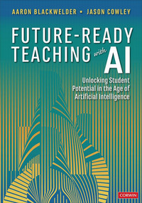 Book cover for future-ready teaching with AI with gren and yellow patterns on the cover.