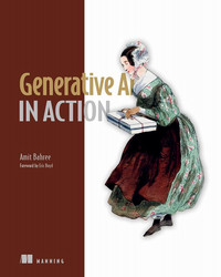 Book cover for generative ai in action with a white background and an illustration of a woman in a historical outfit on the front.
