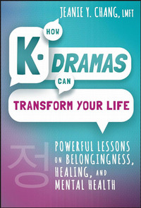 Book cover for how K dramas can transform your life, with title in white speech bubbles on a turquise and pinky purple background.