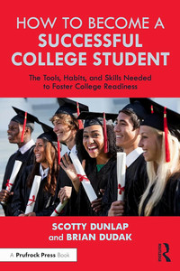 Book cover for how to become a successful sollege student, with a photo og college graduates on the front, and white writing on a red background.