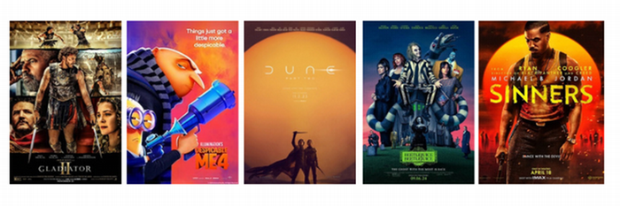 Graphic with movie posters for 5 movies: Gladiator 2, Despicable me 4, dune part 2, beetlejuice beetlejuice, and sinners.
