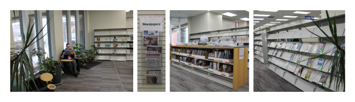 Collage of 4 photos of the magazine area on level 1 of the library.