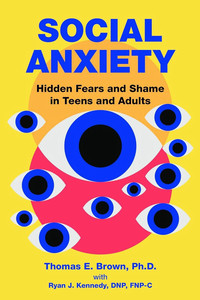 Book cover for social anxiety, with brigh colours and eyes on the front.