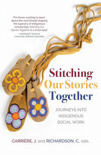 Book cover for Stitching our stories together, with a photo of some indigenous beaded purses on the front.