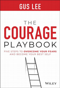 Book cover for the courage playbook, with an illustration of a ladder on the front and red writin on a white background