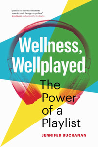 Book cover for wellness wellplayed, with headphones and triangular colours over the top on the front.