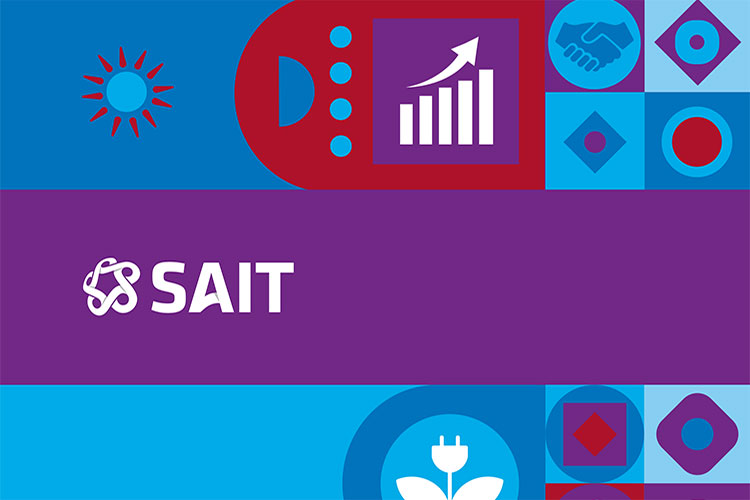 Graphic design featuring SAIT logo with a purple horizontal banner across the center. Surrounding elements include icons of a sun, bar chart with upward arrow, handshake, and power plug with leaf, symbolizing growth, sustainability, and collaboration.