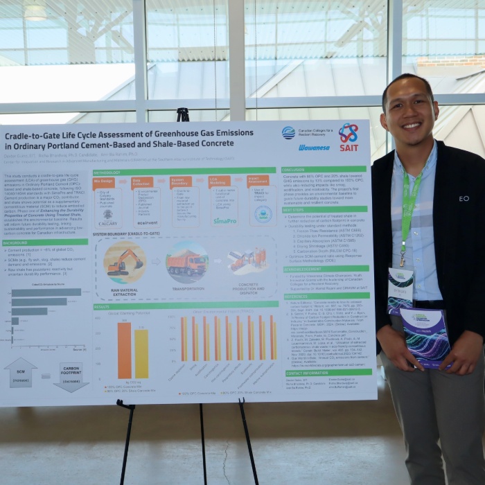 Student standing with research poster, smiling.