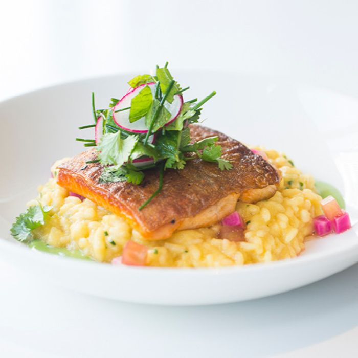 Crispy salmon served over yellow risotto with fresh herb garnish.