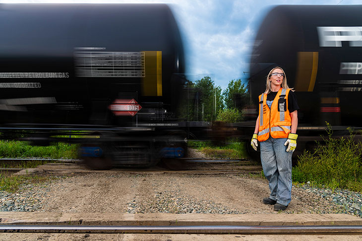 Locomotive engineer Leslie Lukan drives 60 miles an hour with 14,000 tonnes and more than two miles of train behind her. Her work assembling and driving freight trains is vital to Canada's economy, moving goods 365 days a year, 24/7