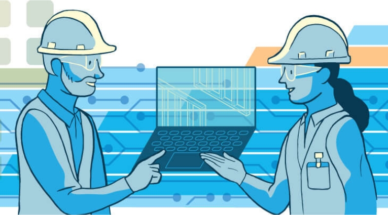 Sketch of a man and women wearing hardhats