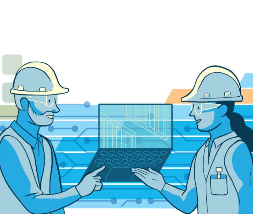 Sketch of a man and women wearing hardhats