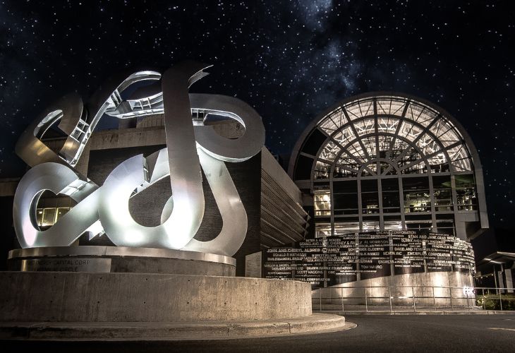 night time photo of SAIT catalyst near TTC