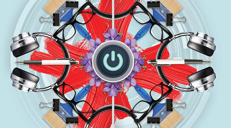 kaleidoscope image of glasses, paint brush, headphones, pen and cable