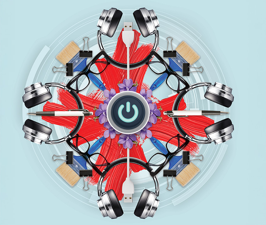 kaleidoscope image of glasses, paint brush, headphones, pen and cable