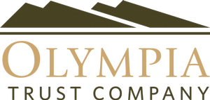 Minimal geometric logo with layered black and gold shapes above a beige bar, with faint text reading “TRUST COMPANY” at the bottom.