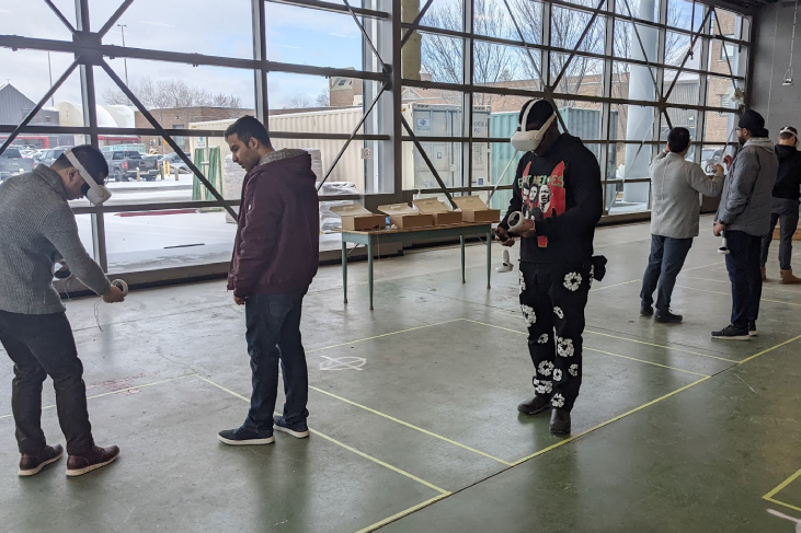 Students wearing virtual reality headsets