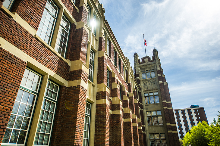 Heritage hall with sun reflecting off of the window