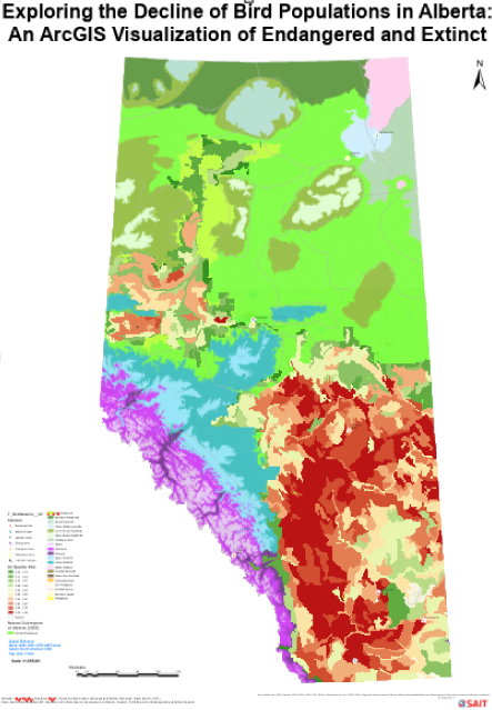 Map showing an ArcGIS visualization of the decline of bird populations in Alberta