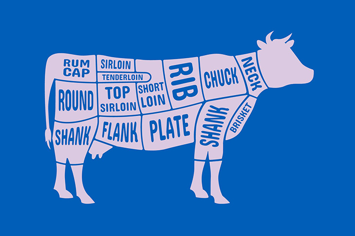 A diagram of a cow divided into sections. Each section represents a different cut of beef and is labelled with the name of the cut.
