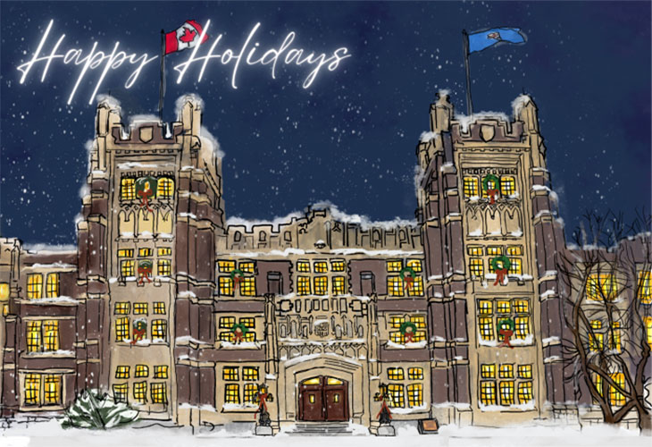 cartoon of Heritage Hall in snow