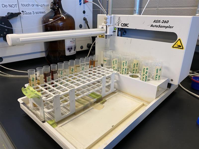 Vials of water samples placed in an AutoSampler machine