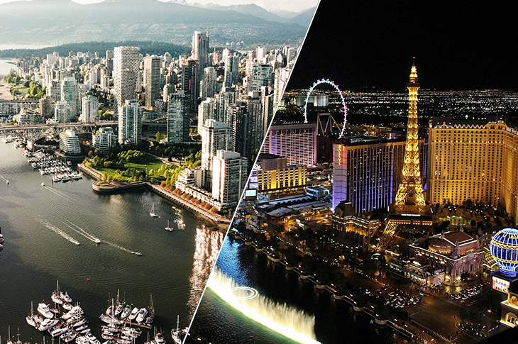 A split screen shot of the daytime Vancouver and nighttime Las Vegas skylines.