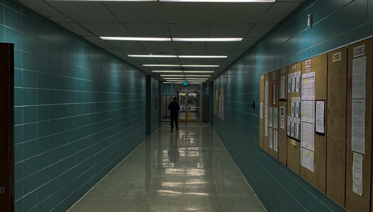 A shot of a blue hallway in a building on SAIT’s campus.