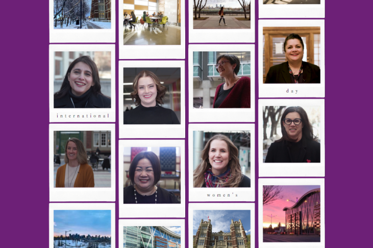 A collage of Polaroid photos neatly arranged. Eight of the photos are of women who work at SAIT. The remaining images are assorted shots around SAIT’s campus.