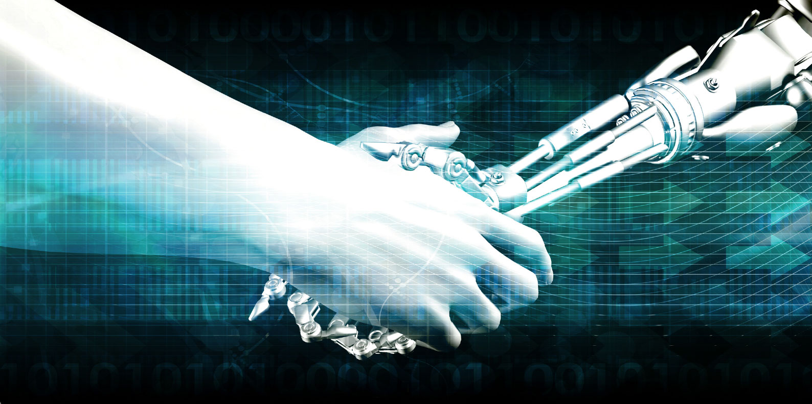 A human hand shakes a robotic hand