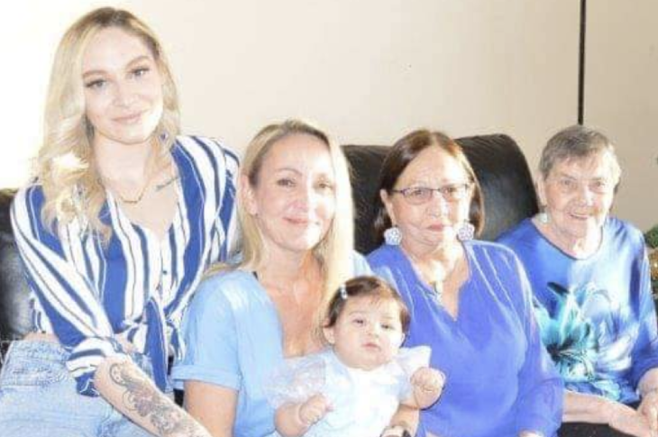 Five generations: Jennifer Russell sits with her first granddaughter, daughter, mother and grandmother.