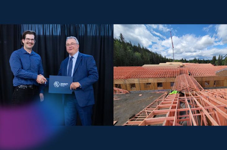  On the left, Michael Plante is seen accepting an award of excellence as an HVAC apprentice, and a look at Robin Leung’s framing work on the right. 